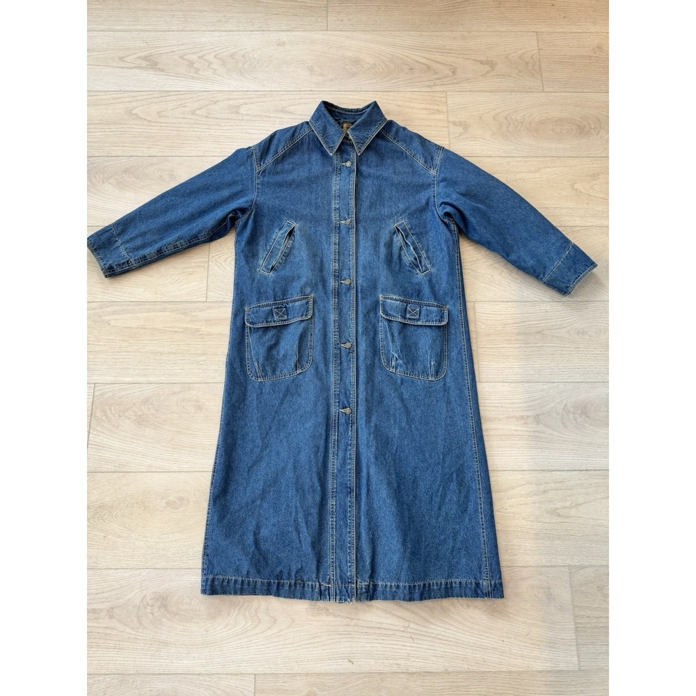VTG 90s Denim Duster Trench Coat Barn Chore‎ Jacket Liz Claiborne Jeans Sz M